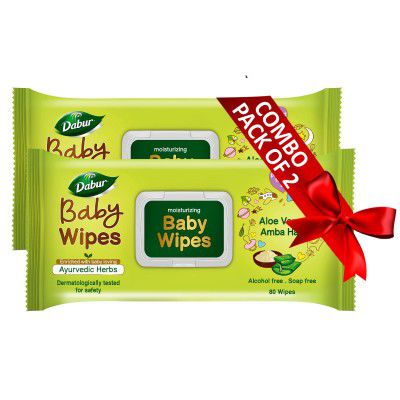 Dabur Baby Wipes: Soft Moisturizing Wet Wipes enriched with Aloe Vera & Amba Haldi | No Parabens & Phthalates - 80 Wipes X Pack of 2