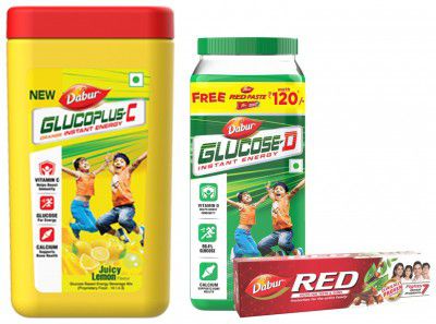 Dabur GlucoPlus-C Instant Energy Glucose Juicy & Tasty Lemon Flavour - 400g Jar + Dabur Glucose D Instant Energy Glucose Juicy & Tasty - 1 kg with Dabur Red Paste 200g free