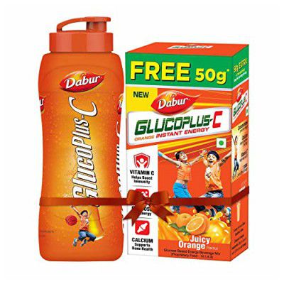 Dabur GlucoPlus-C Instant Energy Juicy & Tasty Orange Flavour - 500g (with Sipper Free)