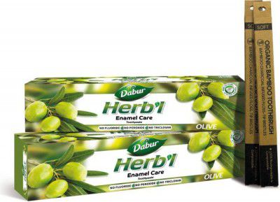Dabur Herbl Olive Enamel Care Toothpaste 150g (Pack of 2) with 2 Toothbrush Toothpaste  (300, Pack of 2)