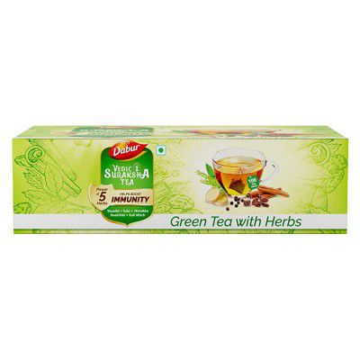 Dabur Vedic Suraksha Green Tea | Builds Immunity | Contains Ayurvedic Herbs Like Tulsi, Daalchini, Shunthi, Black Pepper and Kishmish, 100 Tea Bags
