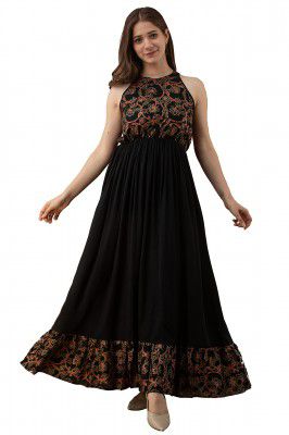 Daevish Viscose Rayon Floral Printed Maxi Dress for Women, Long Sleeve, Suitable for Daily Party, Beach, Anniversary Black