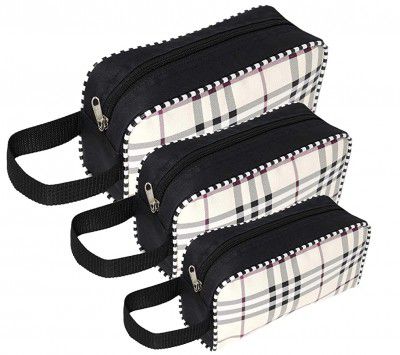 DAHSHA 3 Piece Different Size Travel Pouch Toiletry Shaving Cosmetic Makeup Kit Bag Zipper Stationary Case Pen/Pencil/Cosmetics Pouch - Ivory/ Black (Checks Design)