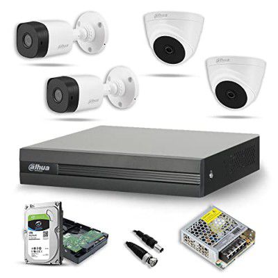 DAHUA 5MP Full HD Night Vision CCTV Security Camera with Installation Combo Set Dome(Indoor) 2Pcs, Bullet (Outdoor) 2Pcs 4Channel XVR, 1TB Surveillance HDD, for Home and Offices (2DOME2BULLET)