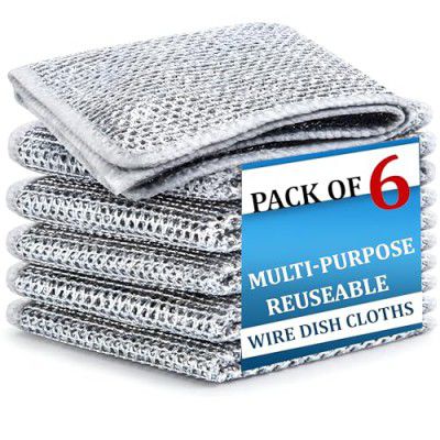 DALUCI 6 Pcs Non Scratch Dish Wash Cloth Scrub | Steel Wire Dish Cloth | Dishwashing Rags for Wet and Dry | Stainless Steel Scrubber for Utensils | Cleaning coth for Washing Dishes Sinks Counters
