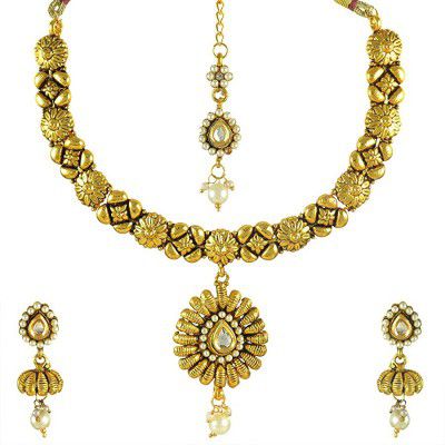 Dancing Girl Antique Bridal White Metal Alloy Jewellery Set with Necklace and Earring for Women