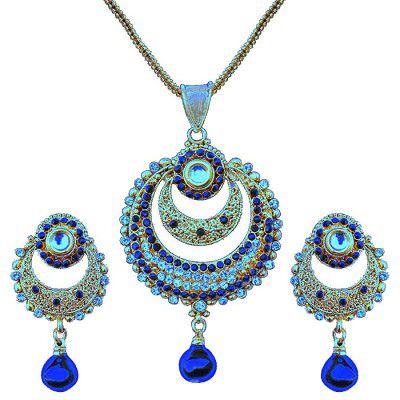 Dancing Girl Blue Pendant Set Metal Kundans Dulhan Jwellery Necklace Earrings Bridal Dulhan Wedding