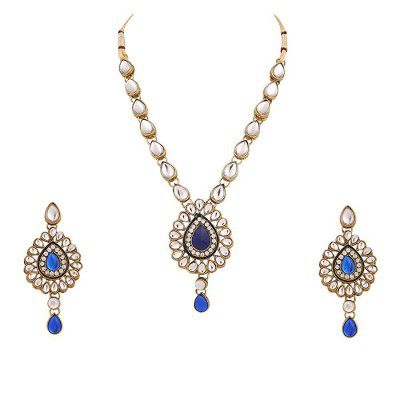 Dancing Girl Bridal Wedding Metal Alloy Blue Jewellery Set with Rani Pink Necklace and Earring for Women