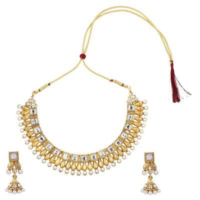 Dancing Girl Kundans Bridal Maroon Metal Alloy Jewellery Set with Necklace and Earring for Women