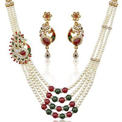 Dancing Girl Maroon Green Jewellery Sets Metal Peacock Necklace Earrings Traditional Wedding