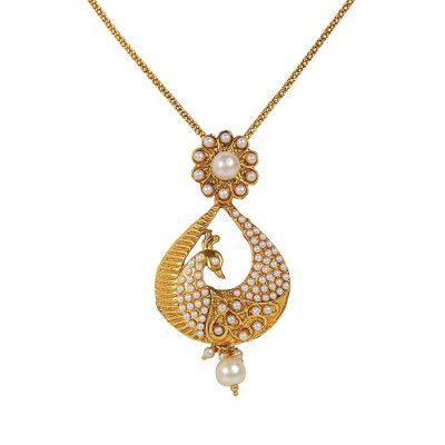 Dancing Girl Pearl White Jewellery Sets Metal Kundans Dulhan Pendant Set with Chain Traditional Wedding