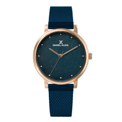 Daniel Klein Analog Blue Textured Round Dial Rose Gold Case Blue Mesh Strap Water-Resistant Wrist Watch for Women Girls, Ladies DK11637-7