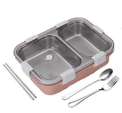 Darkpyro 2 Compartment Stainless Steel Lunch Box with Spoon, Fork & Chopstick, Leakage Proof Lunch Box for School Kids and Adults - Pink, 750 Ml