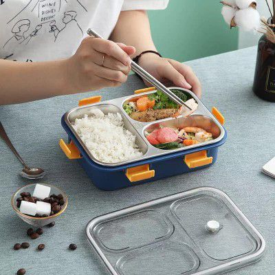 Darkpyro 3 Compartment Stainless Steel Lunch Box, Leakage Proof Lunch Box for School Kids and Adults Pack of 1 Blue