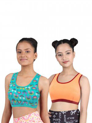 DChica Sports Bra for Girls, Broad Strap Cotton Non-Padded Full Coverage Beginners Non-Wired T-Shirt Gym Workout Bra with Regular Broad Strap (Pack of 2) Training Bra for Teenagers