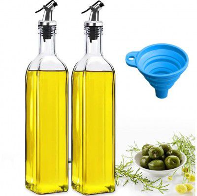 DCloud Hub Oil Dispenser 500 ml Bottle Set of 2 And Funnel Transparent, Pack of 3, Glass