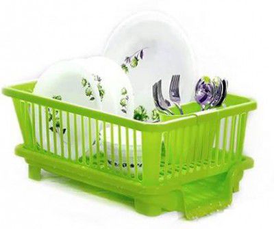 DDecora Dish Drainer Kitchen Rack Plastic 3 in 1 Large Sink Set Drying Washing Basket (GREEN)