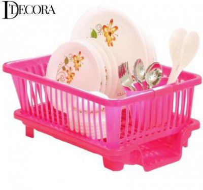DDecora Dish Drainer Kitchen Rack Plastic in 1 Large Sink Set Drying Washing Basket with Tray(PINK)