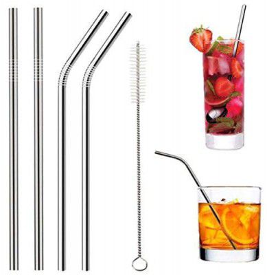 DDecora Reusable BPA-Free Metal, Thick, Long, Dishwasher Safe Stainless Steel Drinking Straws, 8.5 Inches (2 Bent + 2 Straight +1 Brush)