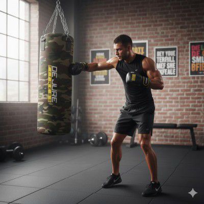 De Jure Fitness Heavy Duty Filled Punching Bag with Rust-Proof Steel Hanging Chain (Camo-Polyester - Filled, 2 Ft)