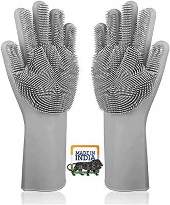 DE Silicon Dish Washing Hand Gloves for Kitchen with Brush | Rubber Hand Gloves | Scrubbing Cleaning Washing for | Kitchen | Car | Pet Grooming | Bathroom(Multicolour,Pack of 2)