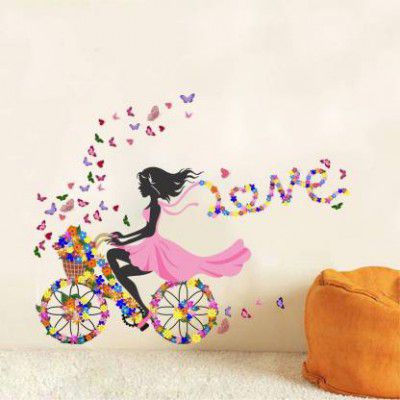 Decal O Decal ' Girl with flower and Butterflies ' Wall Stickers (PVC Vinyl,Multicolour) Large Non-Reusable Sticker (Pack of 1)