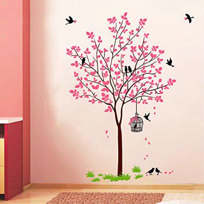 Decal O Decal PVC Vinyl Tree with Birds and Nest Botanical Wall Stickers (Pink, 120X90cm), Self-Adhesive