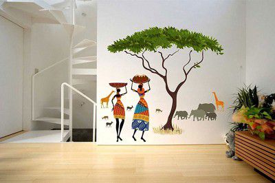 Decals Design Artistic Tribal Ladies with Animals Nature Wall Sticker (PVC Vinyl, 60 cm x 90 cm, Multicolour)