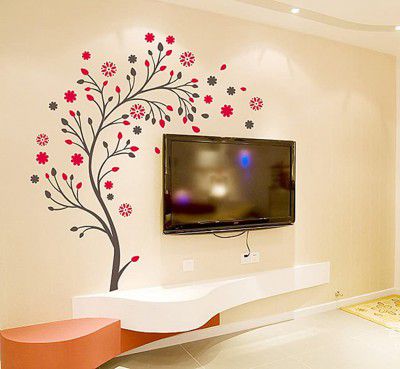 Decals Design Beautiful Magic Tree with Flowers Wall Sticker (PVC Vinyl, 50 cm x 70 cm, Brown and Red)