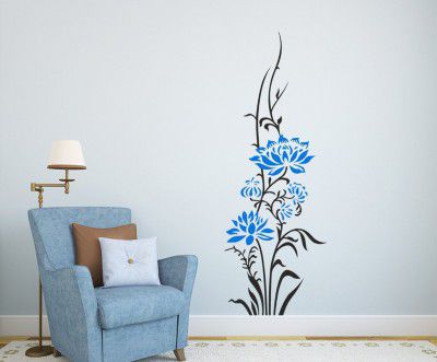 Decals Design Beautiful Vertical Blue Lotus Flowers Wall Sticker (PVC Vinyl, 50 cm x 70 cm x 1 cm), Multicolour