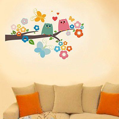 Decals Design Cartoon Owls and Flowers Wall Sticker (PVC Vinyl, 50 cm x 70 cm, Multicolour)