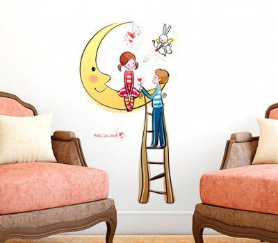 Decals Design Cute Couple in Love Moon Wall Sticker (PVC Vinyl, 50 cm x 70 cm x 1 cm), Multicolour