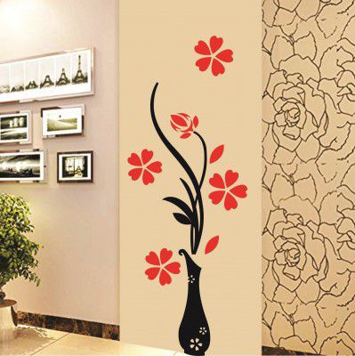 Decals Design Flowers with Vase Wall Sticker (PVC Vinyl, 60 cm x 60 cm), Multicolour