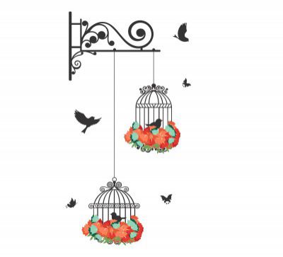 Decals Design Hanging Birds Cage with Flowers Wall Sticker (PVC Vinyl, 50 cm x 70 cm)