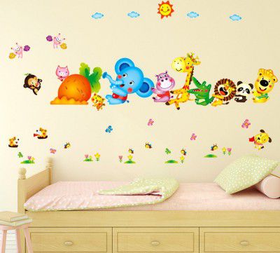 Decals Design Happy Cute Elephant Monkey Cartoon Animals Wall Sticker (PVC Vinyl, 60 cm x 90 cm, Multicolour) (6900048)