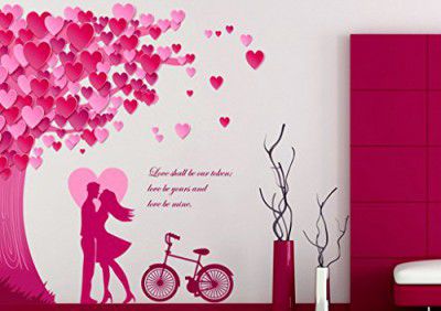 Decals Design 'Romantic Couple Under The Heart Leaves Tree and Love (PVC Vinyl, 90 cm x 60 cm, Multicolour)