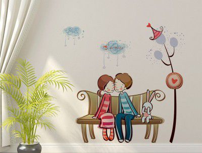 Decals Design Romantic Lovely Couple Sitting Under Cloudy Sky Wall Sticker (PVC Vinyl, 50 cm x 70 cm x 1 cm)
