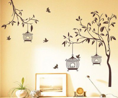 Decals Design Tree with Birds and Cages Wall Sticker (30 cm x 90 cm)
