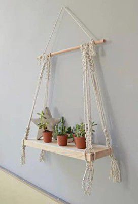 Decazone Macramé Wall Hanging Shelf Pine Wood Floating Shelve with Wooden Dowel Modern Chic Woven Décor for Dorm Living Room Nursery Beige 55 x 43cm