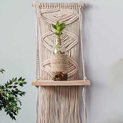 Decazone Macrame Wall Hanging Shelf Bohemian Designs Home Décor Natural Pine Wooden Shelves and Cotton Cord (Mini Boho)