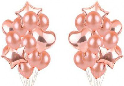 DECOR MY PARTY Solid Rose Gold Balloon Bunch With Confetti Heart & Star Shape Foil Balloons For Valentines Day , Birthday Party , Marriage Anniversary , Pre Wedding Ceremony, Engagement And Other Spec