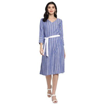 DEEBACO Women's Shift Midi Rayon Printed Striped Dresses for Women 3/4Th Sleeves V-Neck Straight Dresses for Girls with Belt (Blue)