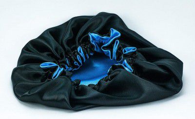 DEHMAN Pure Satin Handmade Fully Reversible Luxuries Hair Bonnet Sleep Cap for All Hair Types (Lake blue - black)
