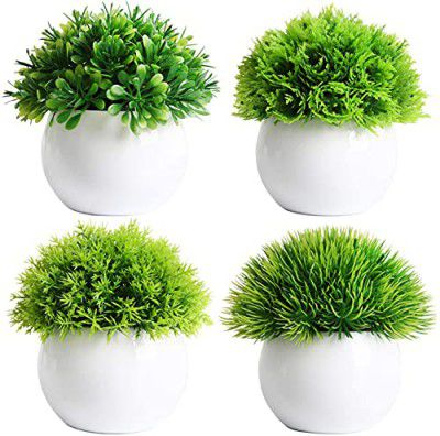 Dekorly Greenery Artificial Mini Bonsai Plants Artificial Plants Potted Fake Bonsai Ball Plant Faux Green Grass with Pots (Green, 10 cm Width and 16 cm Height) - Set of 4