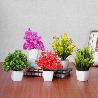 Dekorly Set of 5 Bonsai Wild Artificial Plant with Pot (Multicoloured, 5 Pieces)