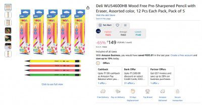 Deli WU54600HB Wood Free Pre-Sharpened Pencil with Eraser, Assorted color, 12 Pcs Each Pack, Pack of 5