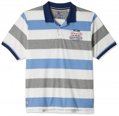 Deniklo Mens Striped Regular Fit Polo T-Shirt (DK50-S_White, Grey & Blue)
