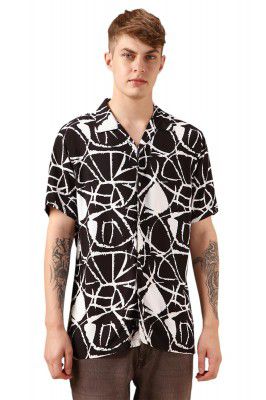 Dennis Lingo Men Black Rayon Half Sleeve Cuban Collar Printed Shirts