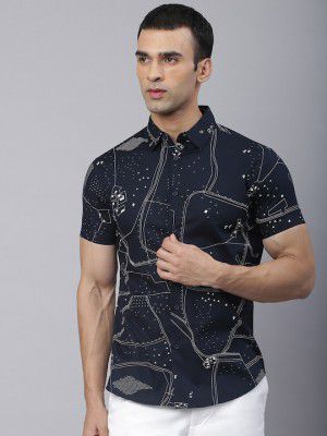 Dennis Lingo Men Navy Blue Comfort Slim Fit Printed Pure Cotton Casual Shirt