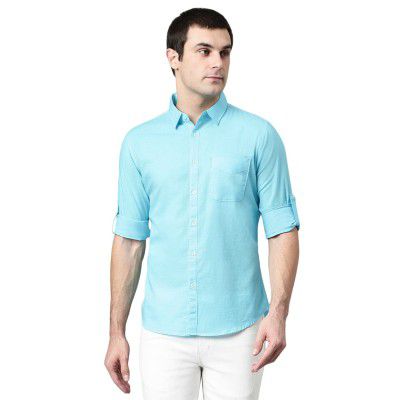 Dennis Lingo Men's Cotton Solid Slim Fit Casual Shirt with Pocket, Roll Up Full Sleeve Shirt for Formal & Casual Wear